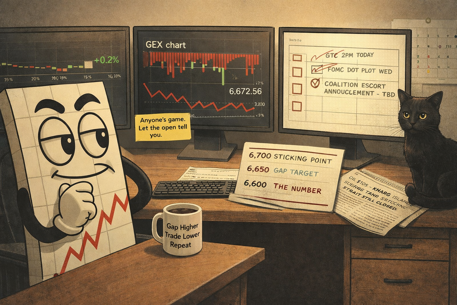 Mr SPX at his desk with three screens showing overnight futures +0.2%, all-negative GEX chart, and circled calendar for GTC / FOMC / escort announcement, coffee mug reading "Gap Higher Trade Lower Repeat," key levels note, folded newspaper on oil and Kharg Island, black cat still present from Friday.