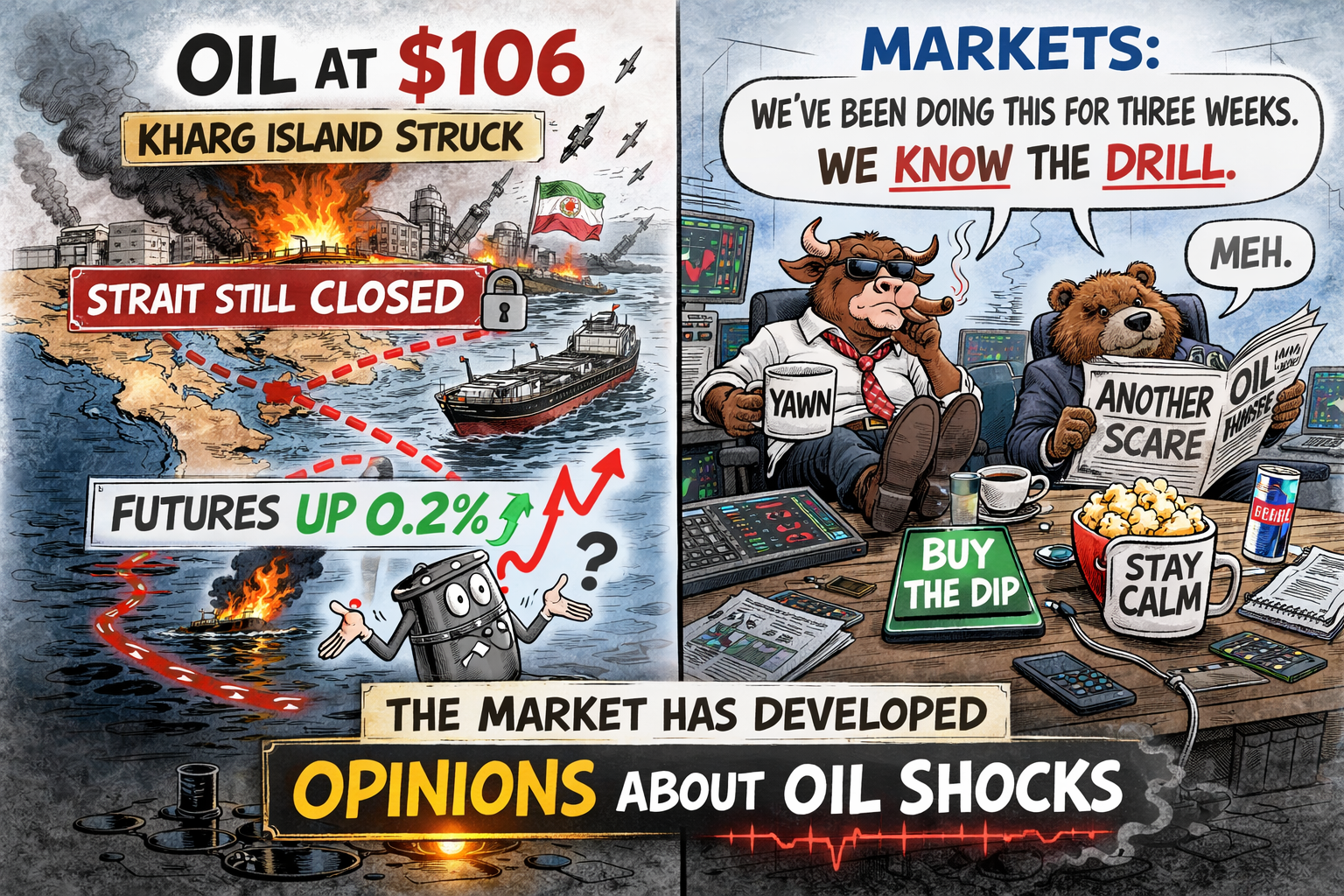 Two-panel. Panel 1: "Oil at $106. Kharg Island struck. Strait still closed. Futures up 0.2%." Panel 2: Markets: "We've been doing this for three weeks. We know the drill." Caption: "The market has developed opinions about oil shocks."
