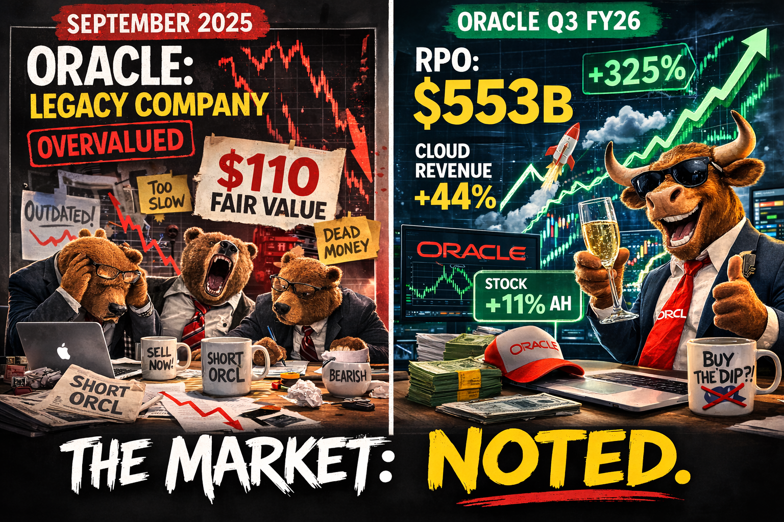 Two-panel. Left: bears in September 2025 - "Oracle: legacy company, $110 fair value." Right: Oracle Q3 FY26 - RPO $553B, cloud +44%, stock +11% AH. Caption: "The market: noted."