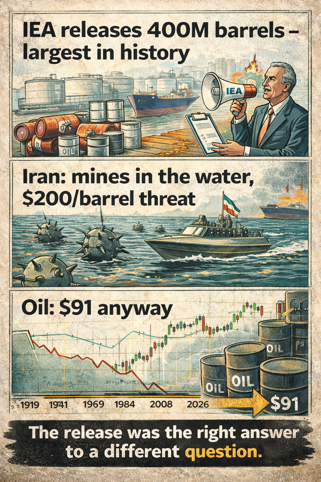 Three-panel. "IEA releases 400M barrels - largest in history." / "Iran: mines in the water, $200/barrel threat." / "Oil: $91 anyway." Caption: "The release was the right answer to a different question."