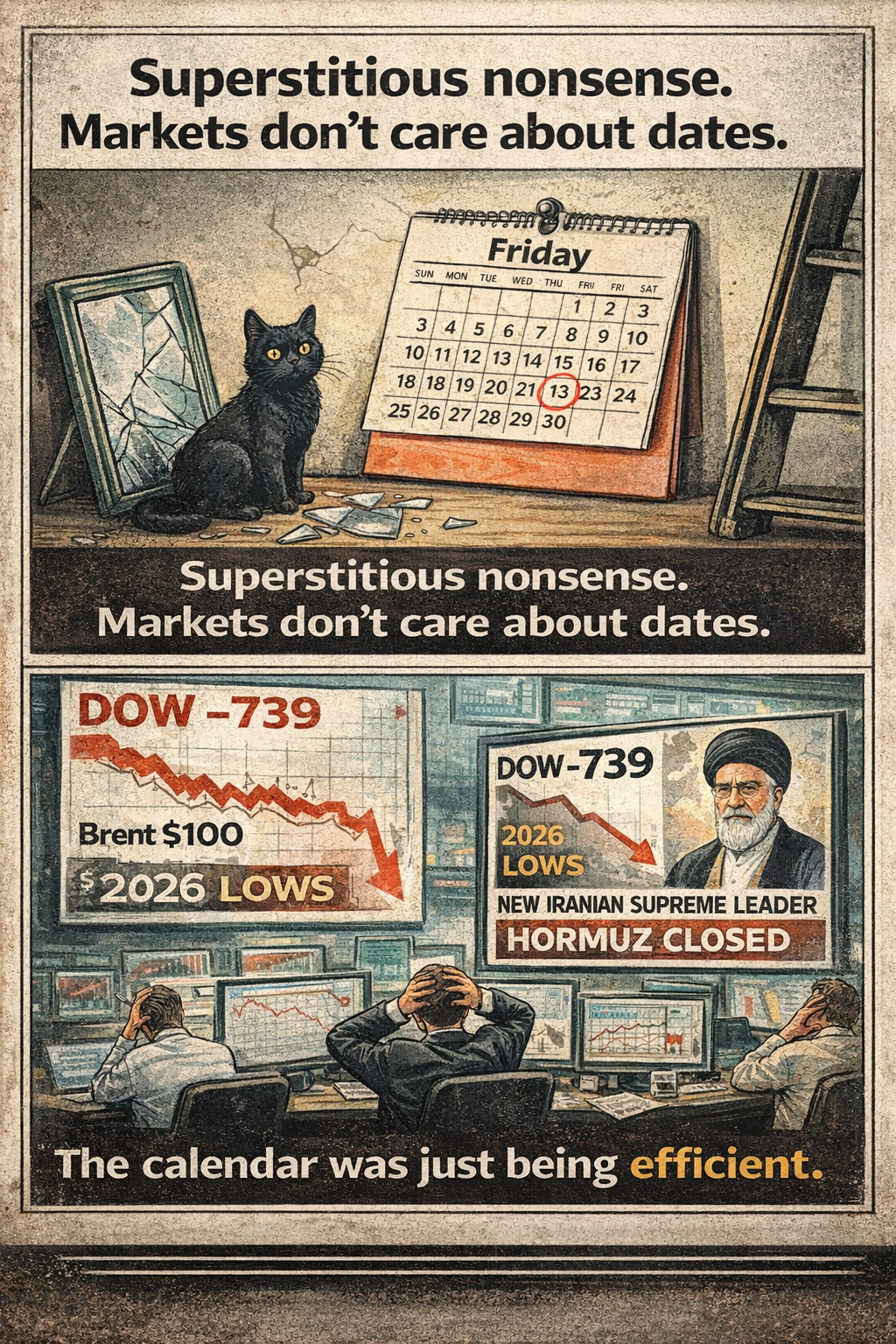 Two-panel. Panel 1: Calendar showing Friday 13th with a black cat, a broken mirror, and a ladder. Caption: "Superstitious nonsense. Markets don't care about dates." Panel 2: Dow -739. Brent $100. 2026 lows. New Iranian supreme leader. Hormuz closed. Caption: "The calendar was just being efficient."