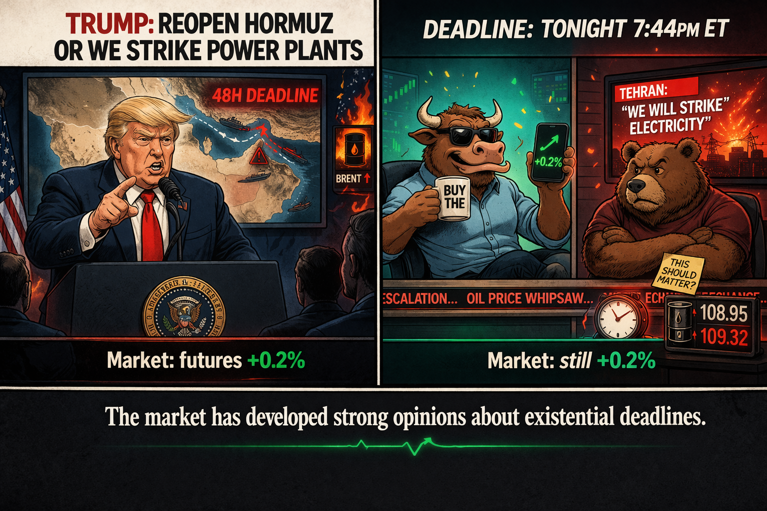 Two-panel. Panel 1: "Trump: fully reopen Hormuz or we strike power plants. Market: futures +0.2%." Panel 2: "Deadline: tonight 7:44pm ET. Tehran: 'we will strike electricity.' Market: still +0.2%." Caption: "The market has developed strong opinions about existential deadlines." 