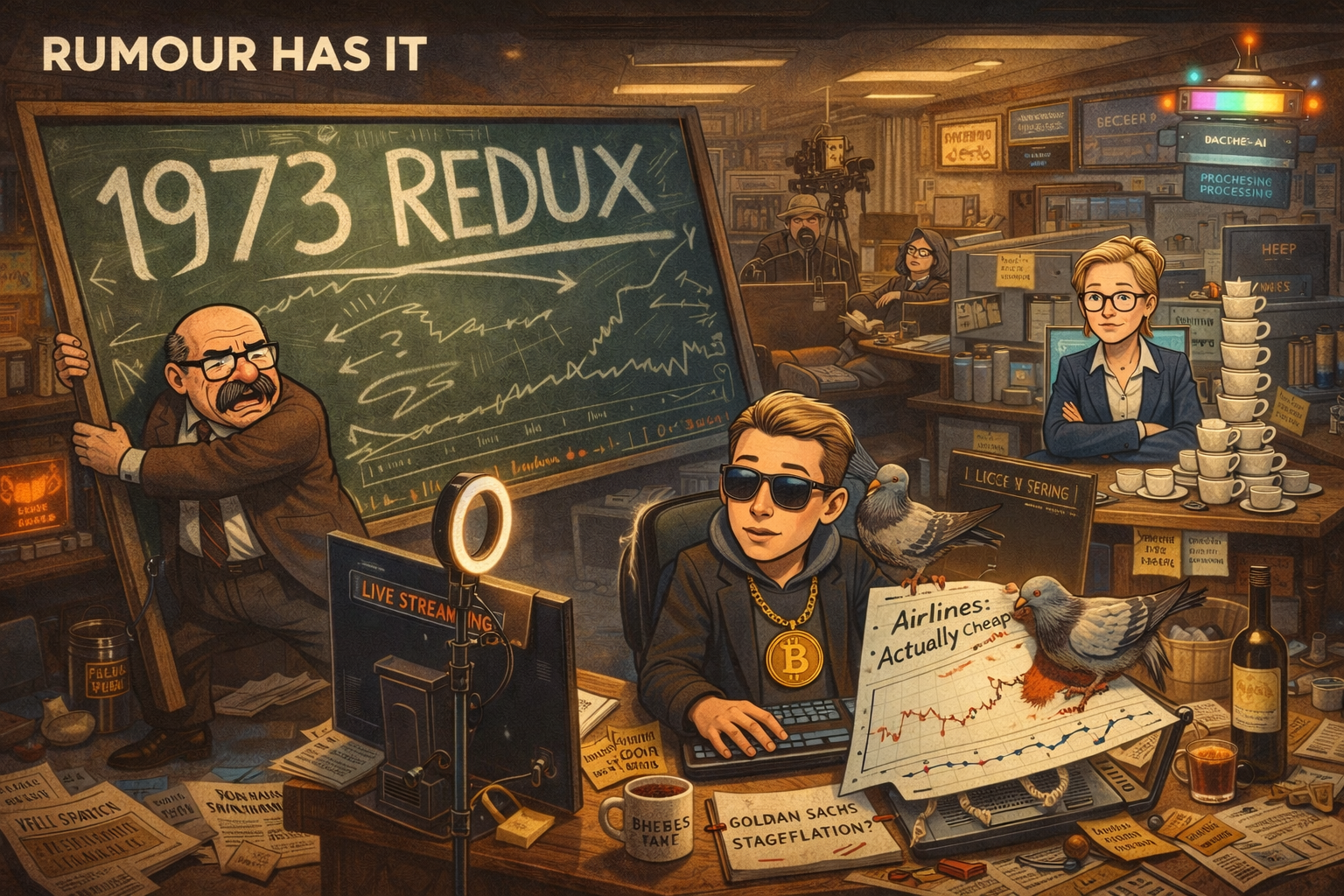 The Financial Nuts newsroom in full chaos - Wallie's giant 1973 chalkboard toppling onto Kash's livestream, Percy presenting an upside-down airline chart to two pigeons, Mac asleep in a field chair, Hazel surrounded by espresso cups looking resigned, Cachè-AI's hologram overloading in the corner.