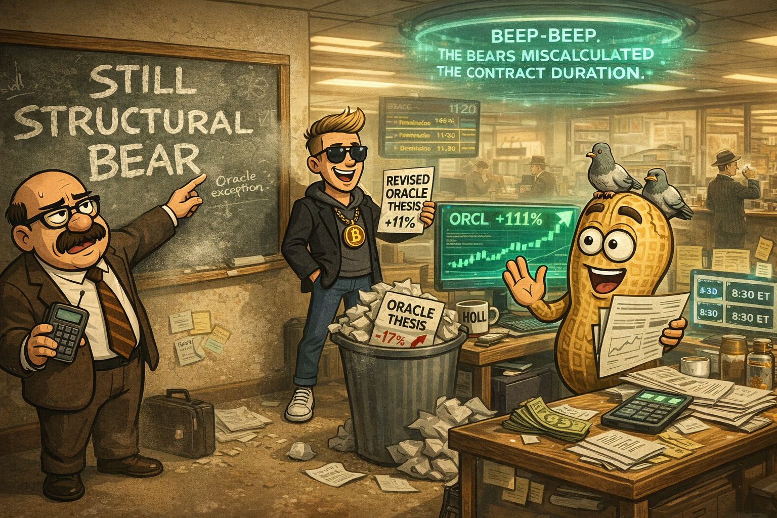 Financial Nuts newsroom - Wallie's chalkboard showing tiny Oracle exception against giant STILL STRUCTURAL BEAR, Kash holding revised thesis with old thesis in the bin behind him, Percy presenting four-page Oracle note to Hazel who has a question, Mac finishing scotch with 35 minutes to correct-destination flight, Hazel's four 8:30 alarms including BREATHE, Cachè-AI's contract duration projection from ceiling.