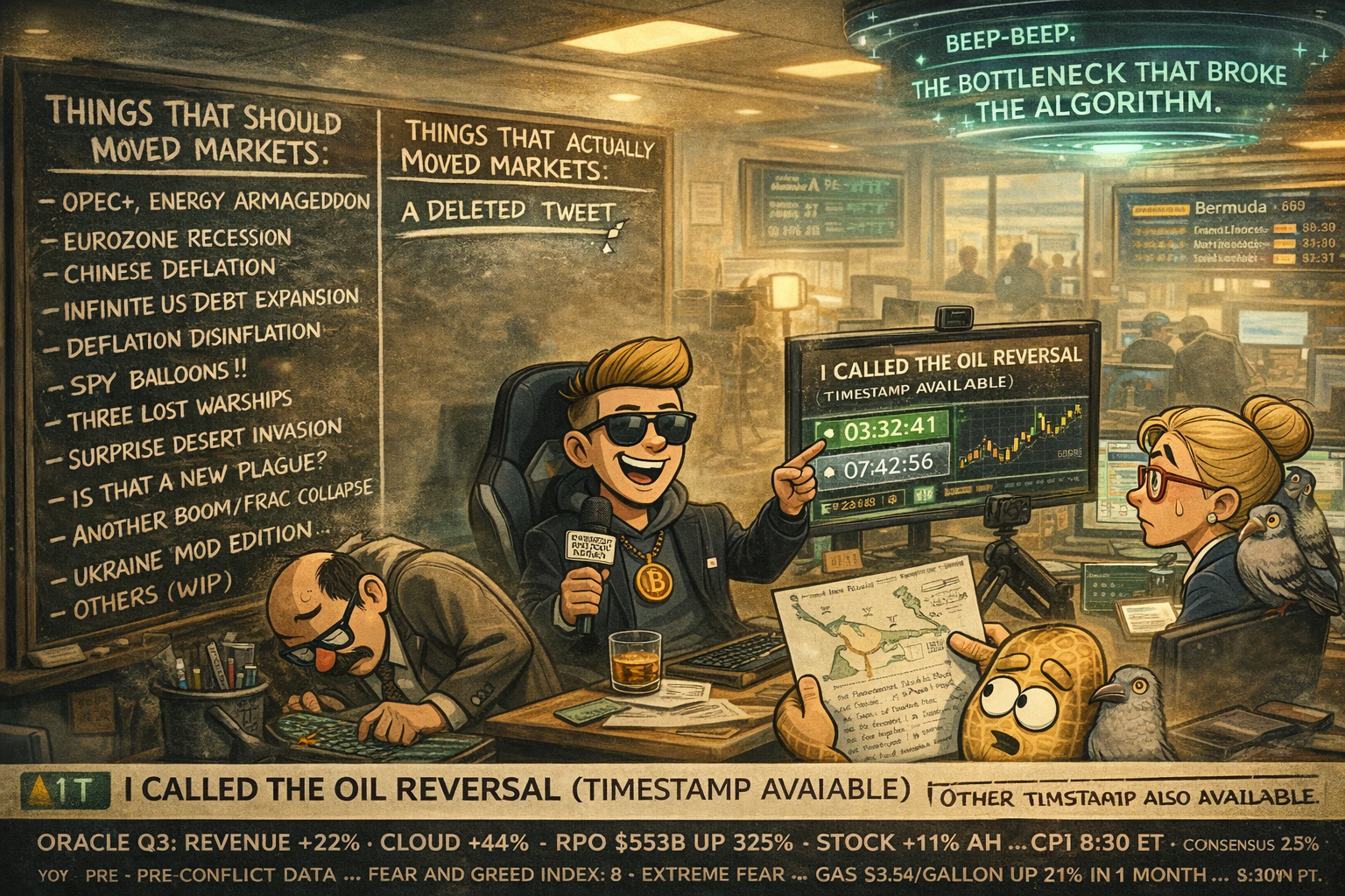Financial Nuts newsroom wide shot - Wallie's two-column chalkboard showing deleted tweet as the only real market mover, Kash's dual-timestamp oil call stream, Percy's landlocked river research note, Mac at departure lounge with crossed-out destination, Cachè-AI projecting bottleneck observation, Hazel's emergency espresso procurement request under review.