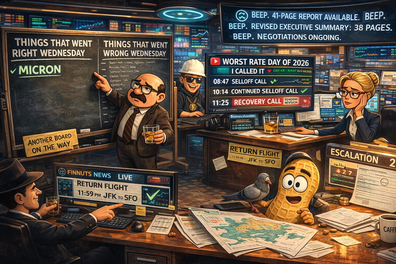 Financial Nuts newsroom - Wallie's wildly imbalanced two-column chalkboard with one Micron win vs overflowing losses list, Kash's three timestamps with recovery call pending revision live on stream, Mac settled at correct location with labelled return flight, Percy explaining peanut cartography to unimpressed pigeon, Cachè-AI 38-page revised report offer, Hazel's escalation counter now longer than the Iran war.