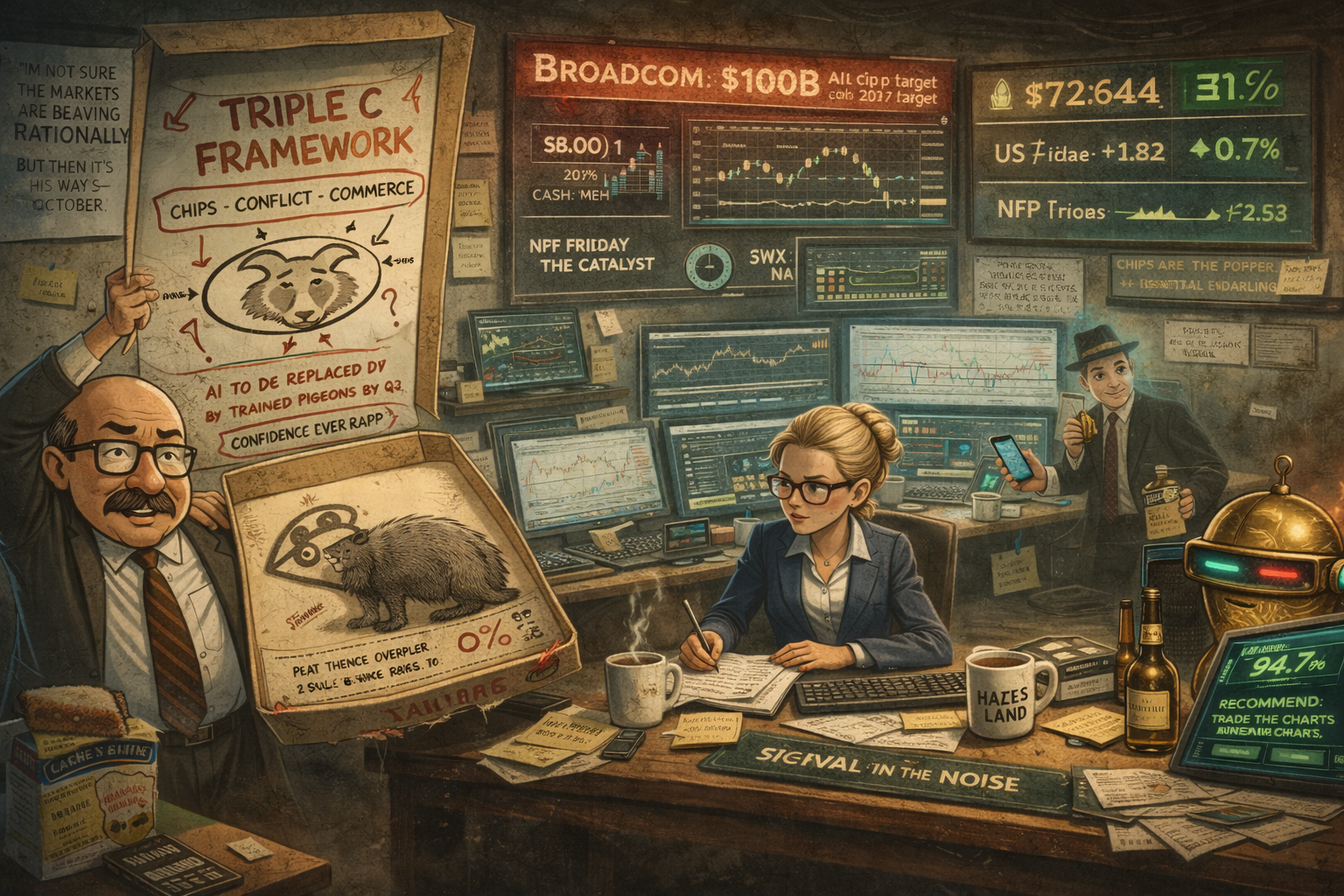 Financial Nuts newsroom processes three macro forces as Percy presents confused badger diagram on pizza box and Cache recommends trading charts