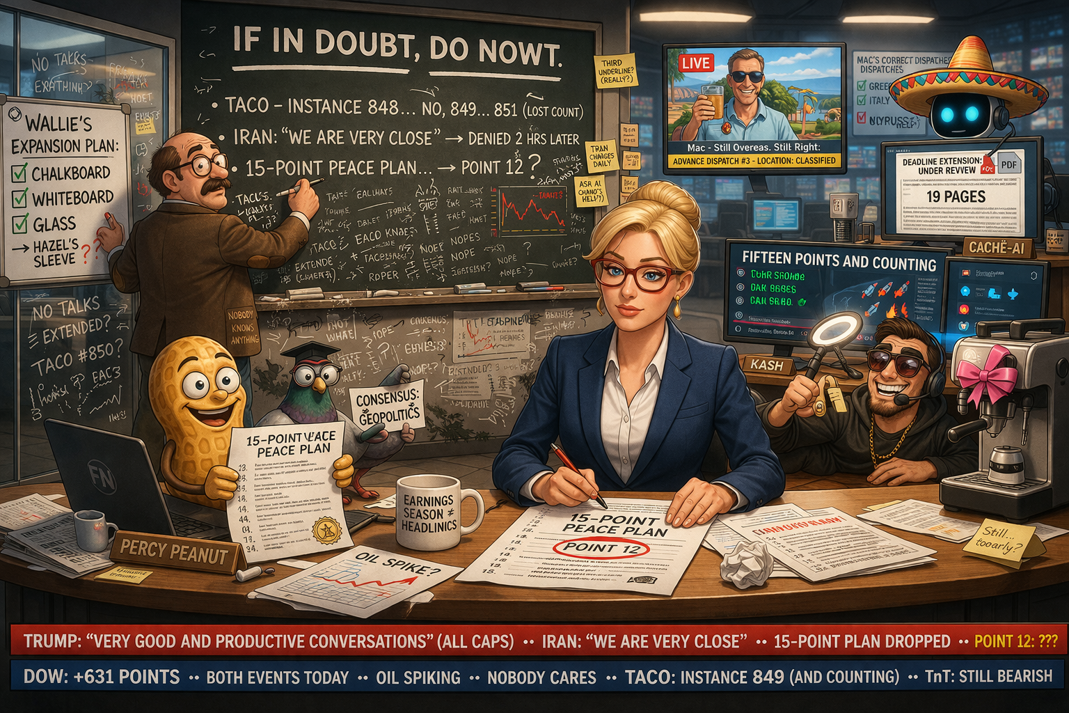 Financial Nuts newsroom - Hazel reading peace plan with Point 12 circled, Wallie writing on every available surface with IF IN DOUBT DO NOWT chalkboard header underlined twice, Kash livestreaming from under the desk, Mac on monitor from a new location, Cachè-AI in unexplained sombrero with 19-page unfinished document, Percy and pigeons with peace plan document including one pigeon in academic cap.