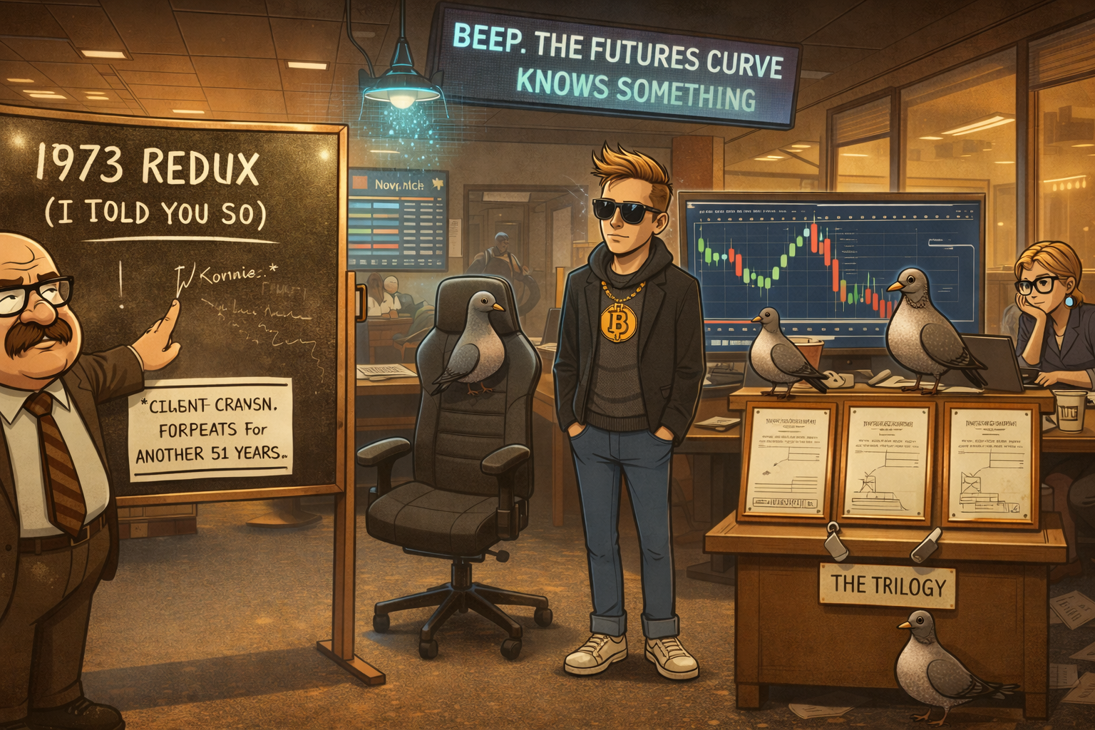 Financial Nuts newsroom - Wallie displaying his laminated chalkboard with laminated footnote attached, Kash standing awkwardly away from his streaming chair which now contains a pigeon, Percy proudly presenting his three-piece upside-down research note gallery, Mac studying a wrong-destination departures board in the airport lounge, Hazel staring at an oil chart with a Pay Rise post-it on her screen, Cachè-AI projecting "the futures curve knows something" from the ceiling.