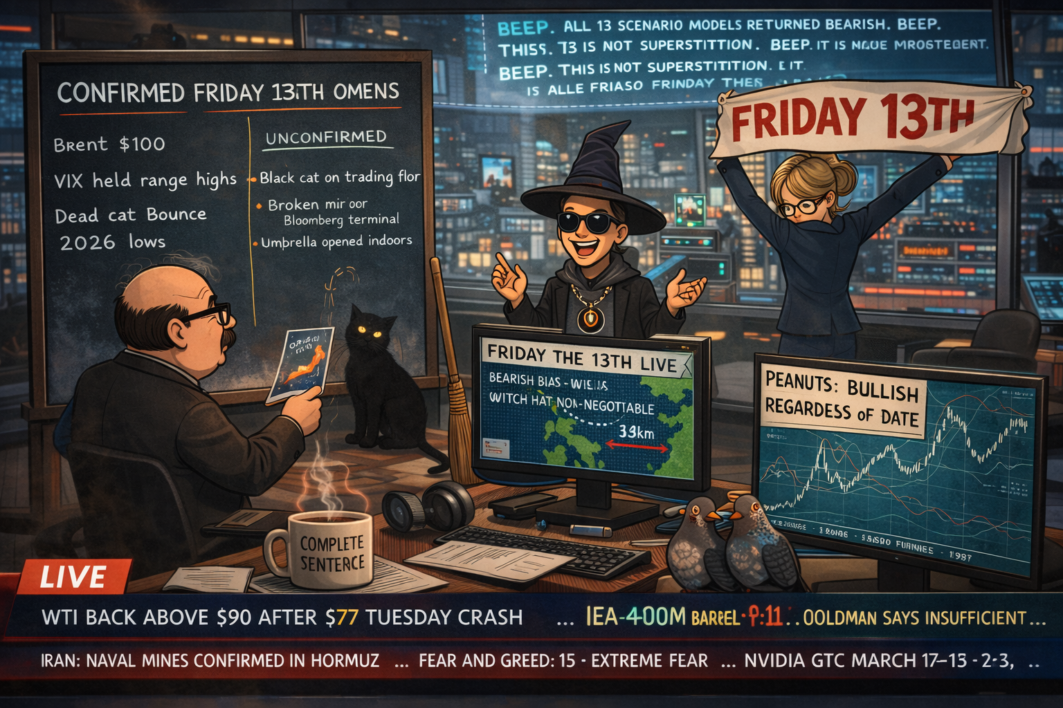Financial Nuts newsroom wide shot - Wallie's two-column Friday 13th omens chalkboard, Kash livestreaming in witch hat with broom, Percy's 1987 peanut futures chart with two pigeons, Mac on video call from wrong airport, Cachè-AI projecting all 13 models bearish, Hazel removing the Friday 13th banner she requested.