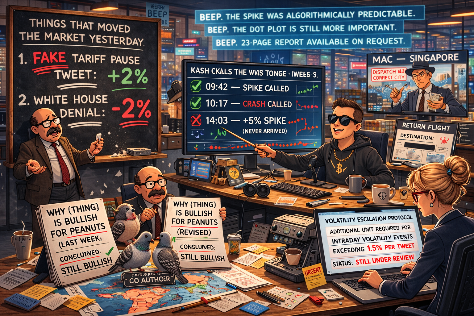 Financial Nuts newsroom - Wallie's broken chalk after underlining FAKE three times, Kash with three timestamps explaining the uncalled 5% move, Mac suspicious about correct city location with obscured return flight, Percy's twin peanut research notes with pigeon co-authors, Cachè-AI 23-page report offer, Hazel's tweet-volatility espresso escalation still under review.