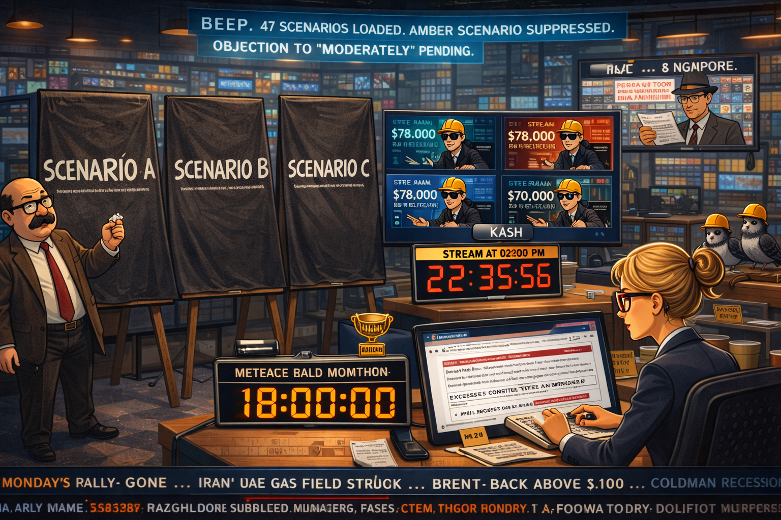 FOMC day newsroom - Wallie's three covered scenario chalkboards ready since 6am, Kash with four pre-recorded streams and dual Bitcoin predictions, Mac unsettled examining boarding pass, Percy's three-scenario peanut research with pigeon, Cachè-AI amber scenario suppressed, Hazel's double-highlighted escalation document.