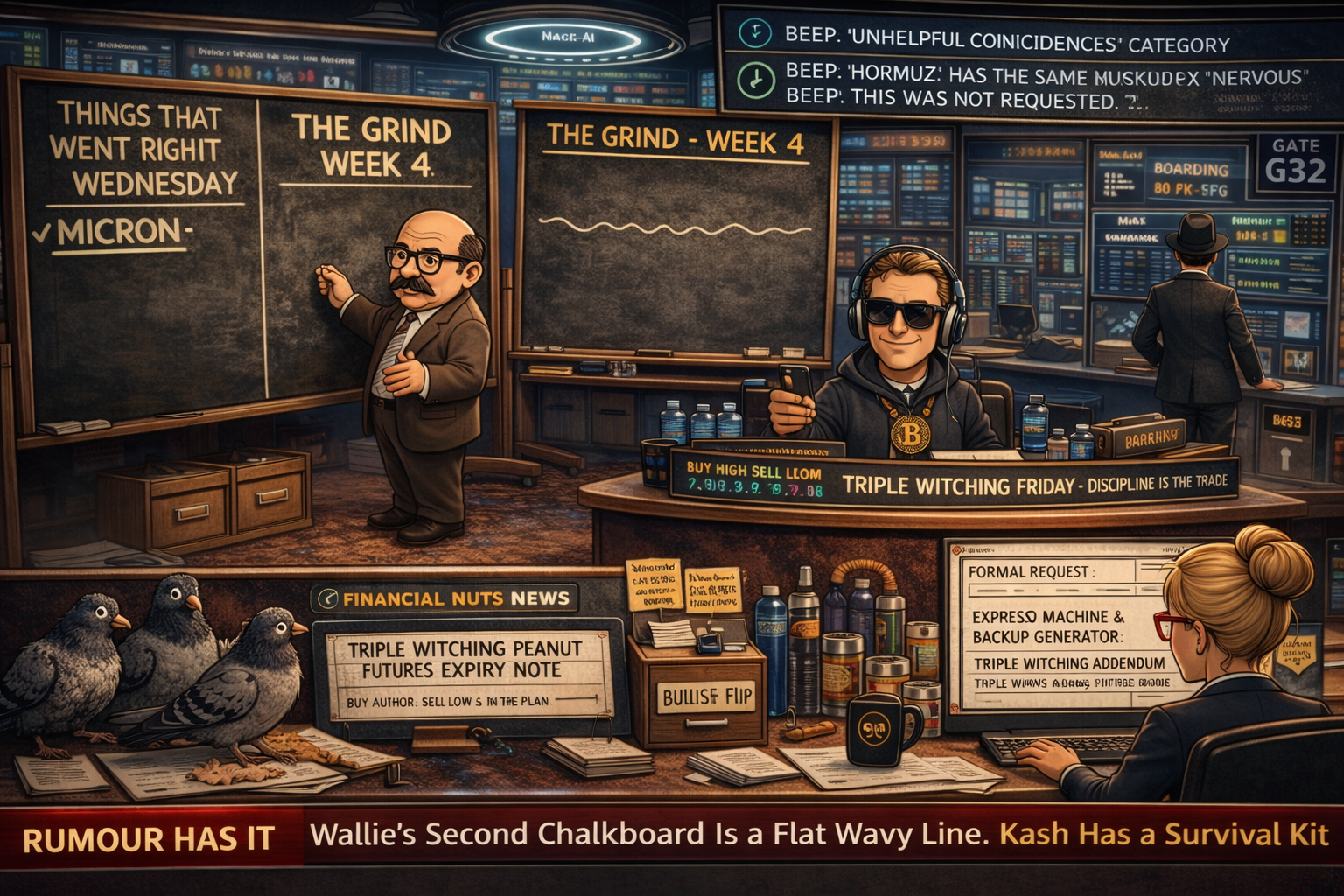 Financial Nuts newsroom - Wallie staring at second chalkboard showing only a flat wavy "Grind Week 4" line, Kash in Triple Witching survival kit keeping quiet about the failed bear call, Mac at gate not boarding despite BOARDING sign, three pigeons disputing peanut futures methodology with Percy, Cachè-AI noting unsolicited letter-count coincidence, Hazel's generator-inclusive espresso request noting review longer than options cycle.