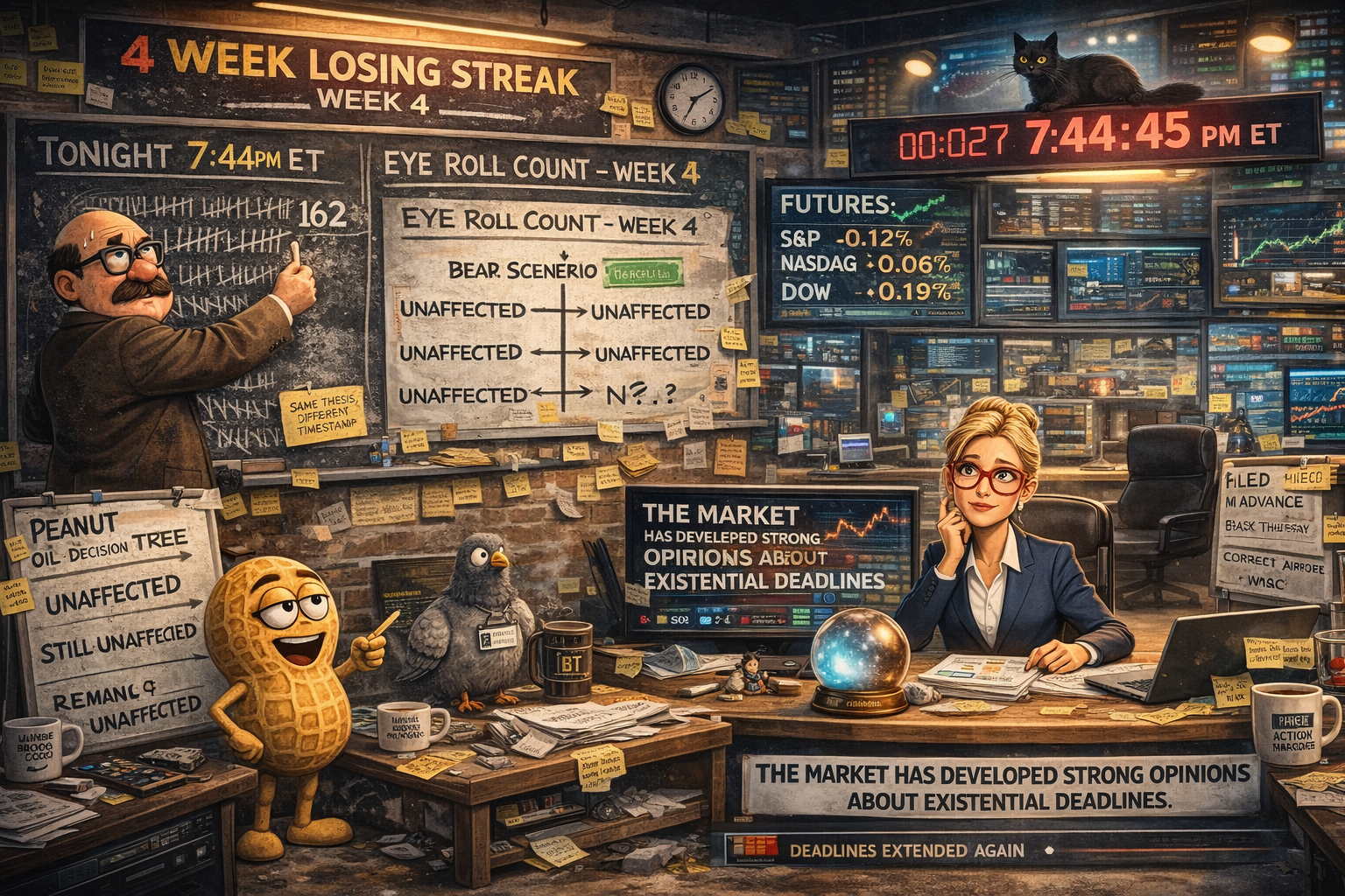 Financial Nuts newsroom - Wallie's three-section board with extensive eye roll tally, Kash's dual-scenario countdown stream, Mac's empty desk with advance-filed dispatch post-it, Percy explaining four-branch peanut decision tree to neutral pigeon, Cachè-AI's 34-page Scenario D and 12-page protest projection, Hazel's four-colour deadline calendar marks, black cat returned casting shadow on countdown text.