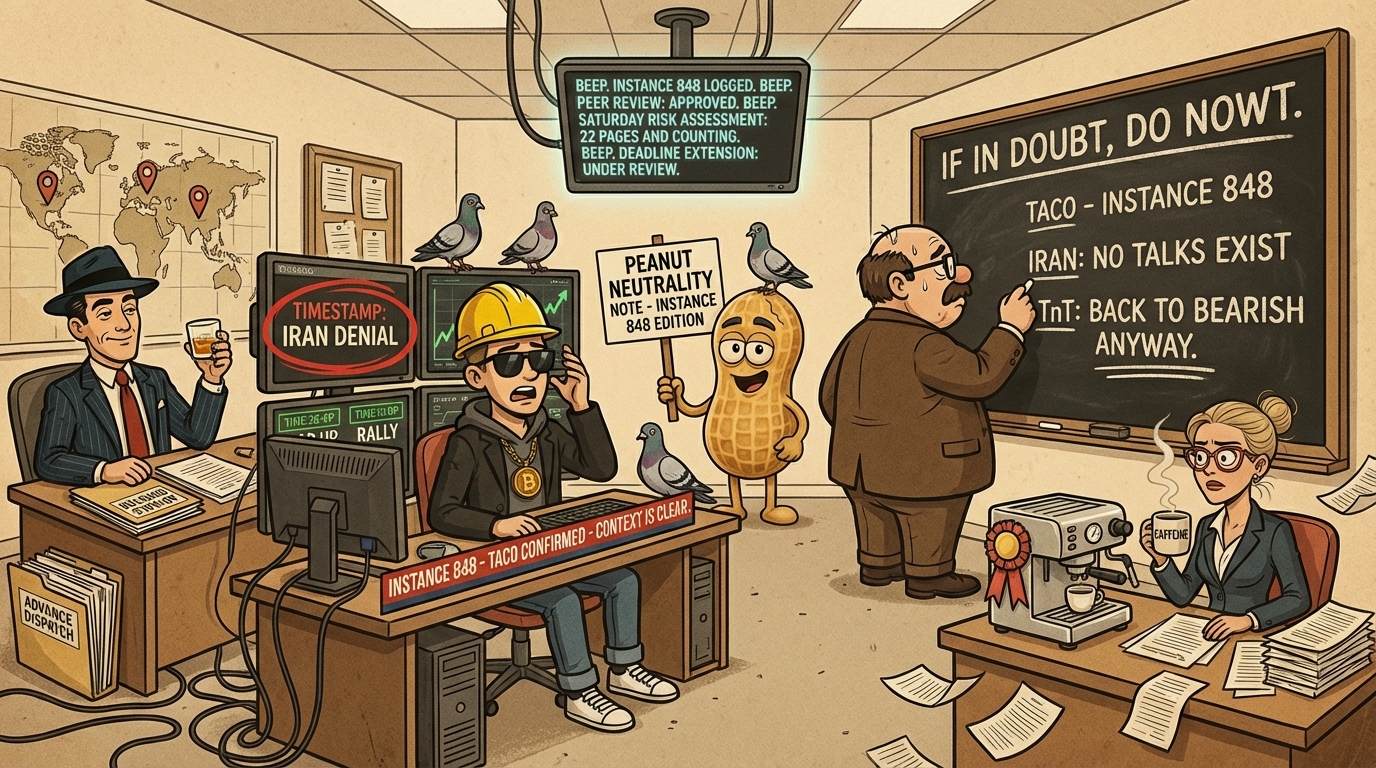 Financial Nuts newsroom - Wallie's permanent IF IN DOUBT DO NOWT header with chalk raised for possible third underline, Kash's Iran denial timestamp circled in red causing contextual confusion, Mac quietly crediting himself for three correct dispatches, Percy's three-pigeon peanut neutrality note, Cachè-AI's 22-page unfinished Saturday risk assessment, Hazel's new espresso machine still ribbon-adorned.