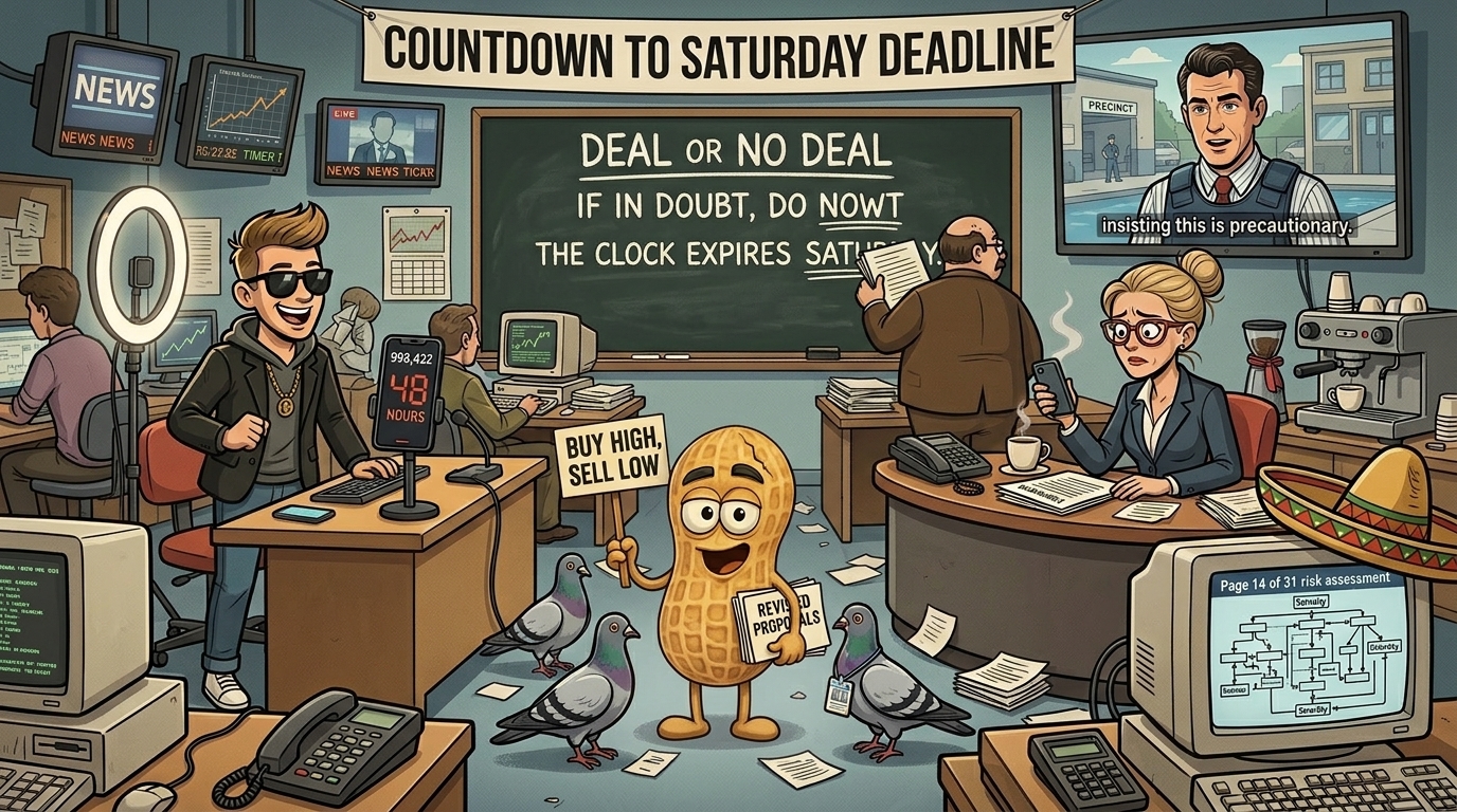 Financial Nuts newsroom - Hazel with five-point counter and second espresso, Wallie with three-tier chalkboard header including CLOCK EXPIRES SATURDAY with chalk raised for third underline, Kash standing with 48-hour countdown timer and high viewer count, Mac on monitor in flak jacket from closer-to-region location, Cachè-AI terminal with sombrero and 17-branch Saturday flow chart on screen, Percy with new press-pass pigeon and counter-proposal in beak.