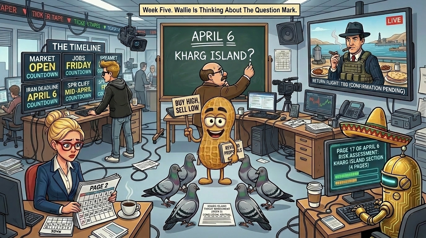 Financial Nuts newsroom week five — Hazel on calendar page two, Wallie staring at the KHARG ISLAND? question mark with chalk raised in existential consideration, Kash with four-timer timeline standing for two weeks, Mac on monitor from operationally relevant Kharg location with local breakfast visible, Cachè-AI terminal with institutionalised sombrero and four-page Kharg section on screen, Percy with five-pigeon peer review team all staring neutrally at Kharg Island threat assessment.
