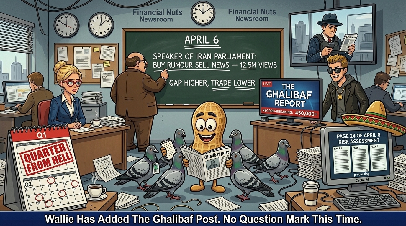 Financial Nuts newsroom quarter-end — Hazel with Q1 QUARTER FROM HELL calendar and Q2 calendar with three items circled, Wallie with Ghalibaf line and GAP HIGHER TRADE LOWER added to chalkboard no question mark, Kash with THE GHALIBAF REPORT segment and record viewer count standing day 23, Mac on monitor reading Ghalibaf post from relevant location, Cachè-AI terminal sombrero day nine possibly sentient with Ghalibaf subsection page 24 on screen, Percy with five-pigeon peer review including abstaining pigeon reviewing the Ghalibaf post.