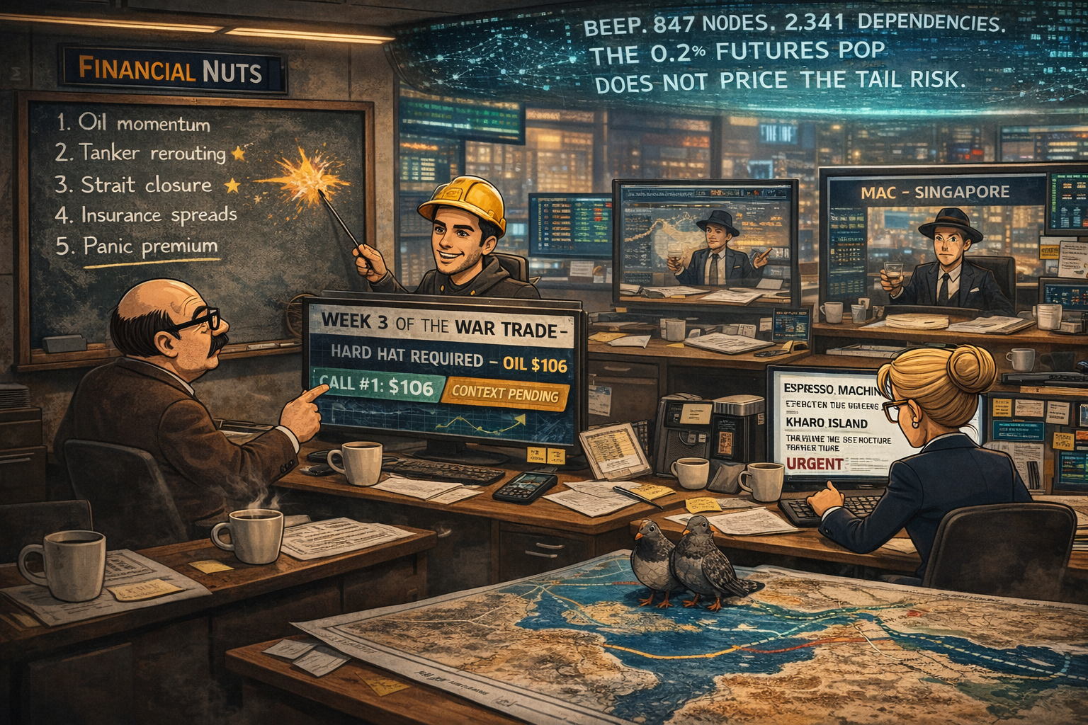 Financial Nuts newsroom wide shot showing week-three war-trade chaos: Wallie explaining a chalkboard system with an explosion drawing, Kash livestreaming in a hard hat with oil price calls, Mac appearing correctly located on a video call with Scotch, Percy mapping hopeful tanker routes while pigeons sit on the Persian Gulf, Cachè-AI projecting an 847-node dependency graph, and Hazel escalating the request for a second espresso machine.