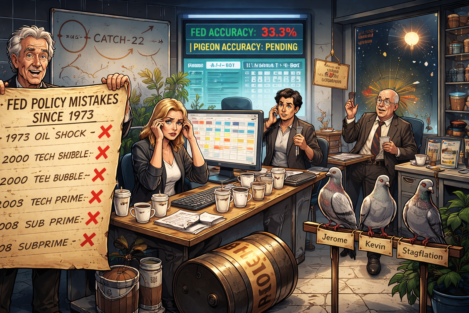 Financial Nuts newsroom debates Fed policy as Wallie brandishes his 50-year parchment chart of mistakes whilst Percy introduces his Pigeon Forward Guidance Index and Hazel runs 47-tab spreadsheet models at 2am