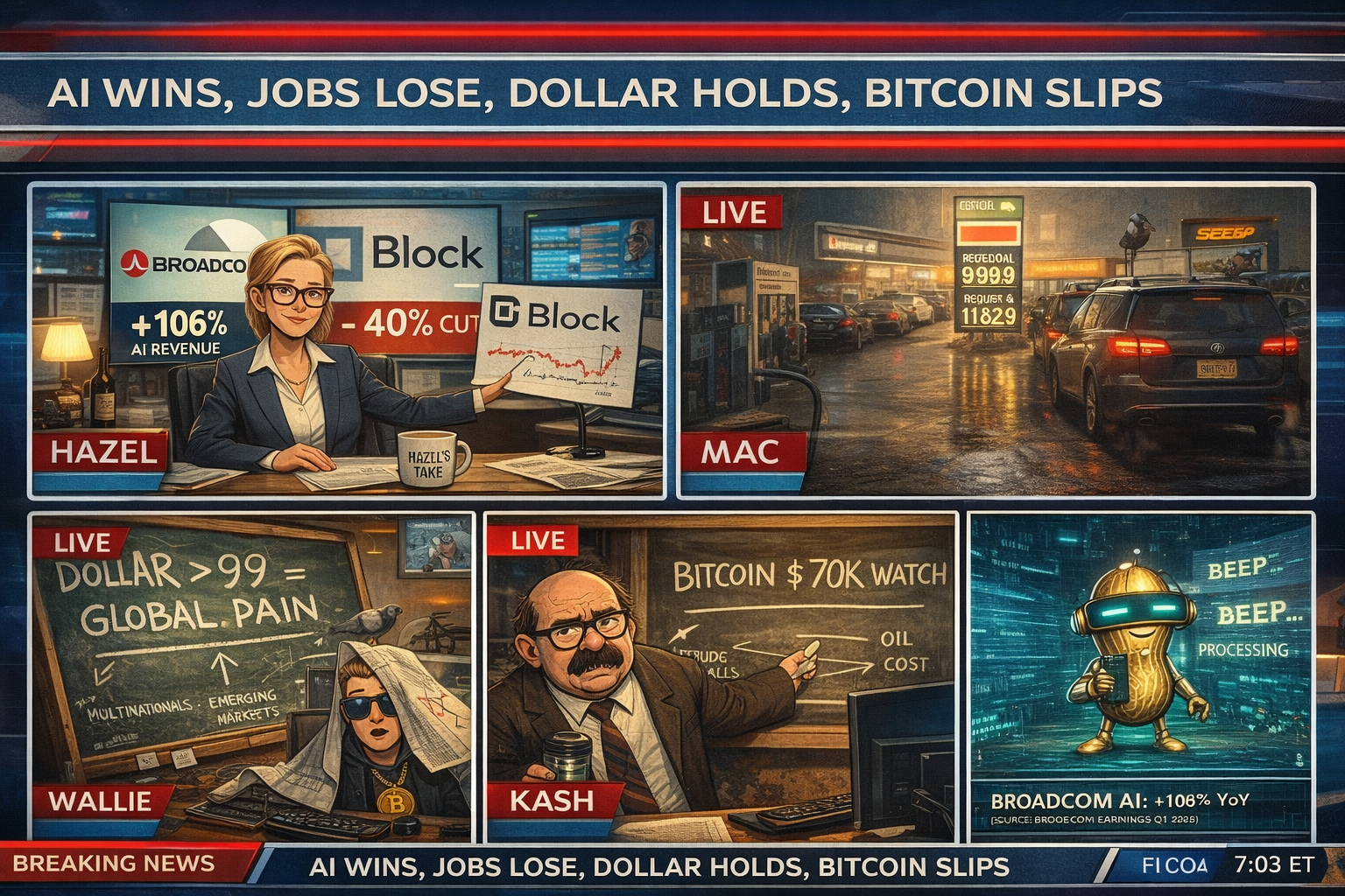 Five-panel live broadcast split-screen: Hazel anchoring with Broadcom and Block data on screen, Mac reporting live from a petrol station queue, Wallie at his chalkboard on dollar index pain, Kash streaming Bitcoin's $70k test, Cachè-AI processing AI revenue versus job cut data in a digital matrix. Percy watches from outside the studio window with a pigeon on his head.