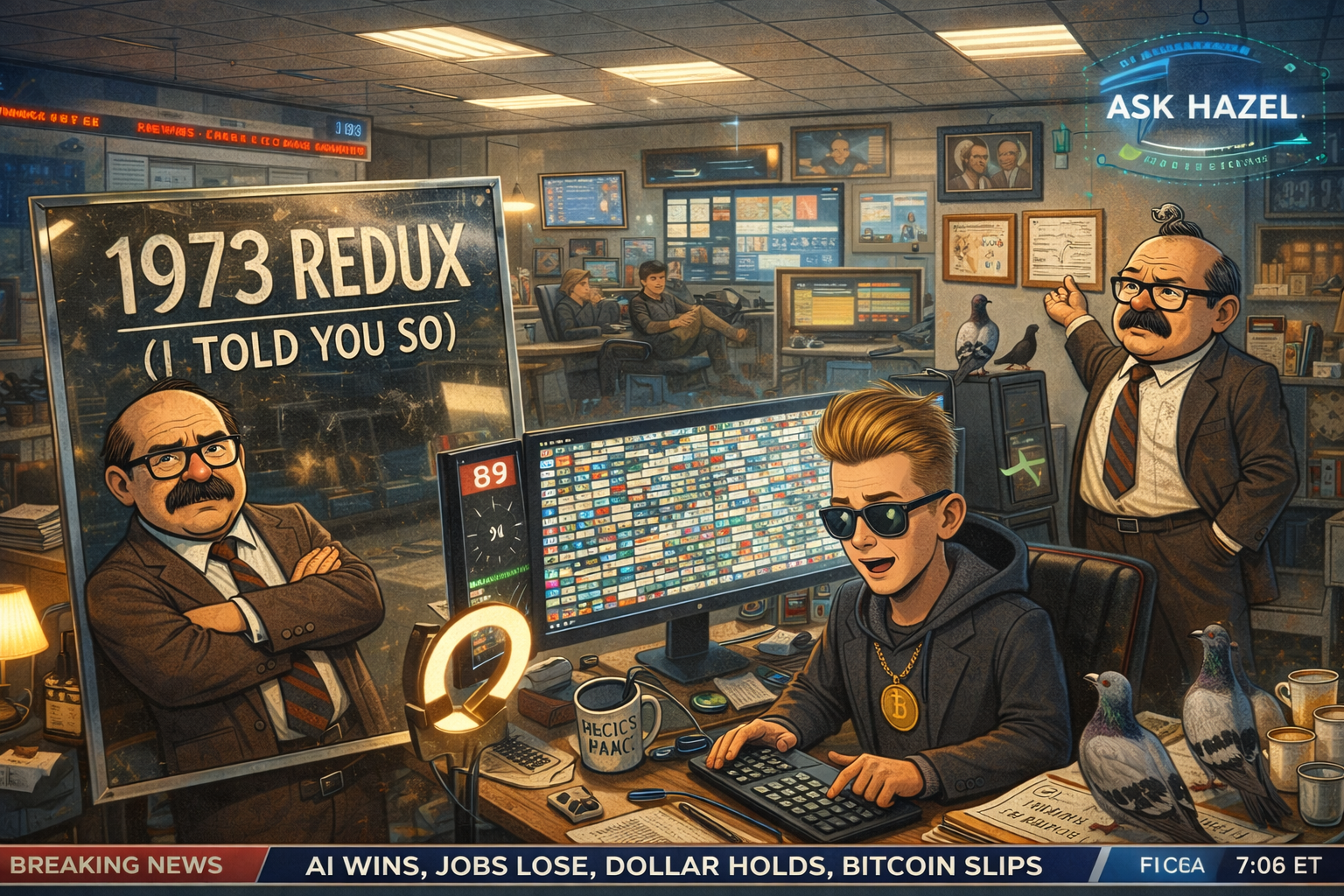 Full Financial Nuts newsroom - Wallie proudly displaying his laminated 1973 prediction, Kash surrounded by 847 open tabs calculating whether oil futures count as a win, Percy curating his upside-down research note gallery, Mac in an airport lounge with scotch and pigeons, Hazel with an "I CANNOT" post-it over Kash's face in the team photo, Cachè-AI projecting "ASK HAZEL" from the ceiling.