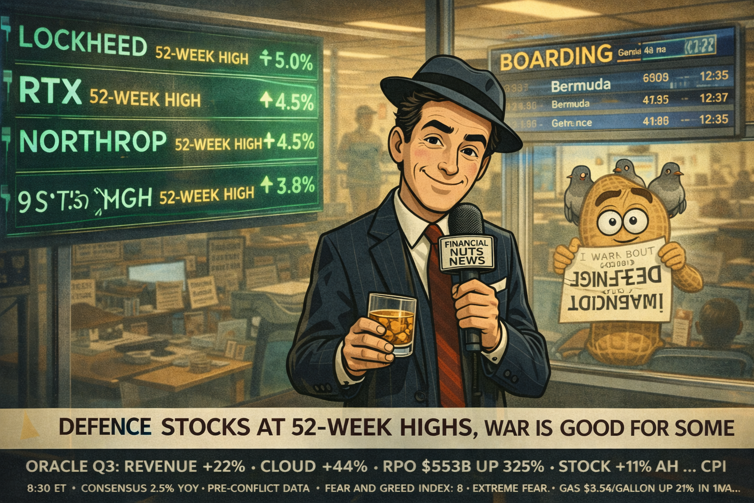 Mac on location in the departure lounge reporting on defence stocks at 52-week highs, Lockheed/RTX/Northrop tickers green behind him, BOARDING showing on the flight board, Percy pressed against the glass with upside-down defence warning sign and two pigeons, news ticker running Oracle earnings, CPI time, Fear and Greed at 8.