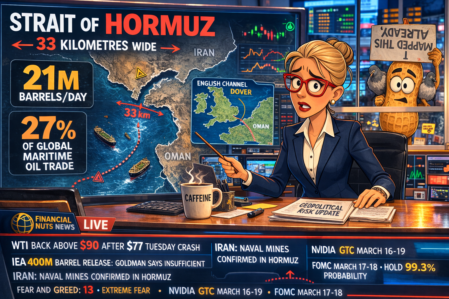 Hazel at the news desk presenting Strait of Hormuz geography - 33km width, 21M barrels/day, 27% global maritime oil trade - with English Channel comparison inset, Percy at studio glass with upside-down sign and two pigeons, news ticker across the bottom.