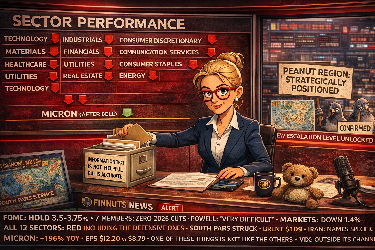 Hazel at news desk with all-12-sectors-red performance board behind her, single green Micron bar at bottom separated from the lineup, filing cabinet drawer "Information Not Helpful But Accurate," miniature South Pars "New Escalation Level Unlocked" map, dishevelled teddy bear on desk corner, Percy and confirming pigeon at studio glass, news ticker cataloguing Wednesday's body blows with Micron as the sole outlier.