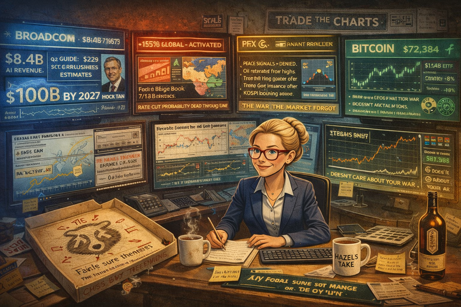 Hazel sorts four diverging stories across screens as SPX range holds through Broadcom AI boom tariffs Iran signals and Bitcoin surge