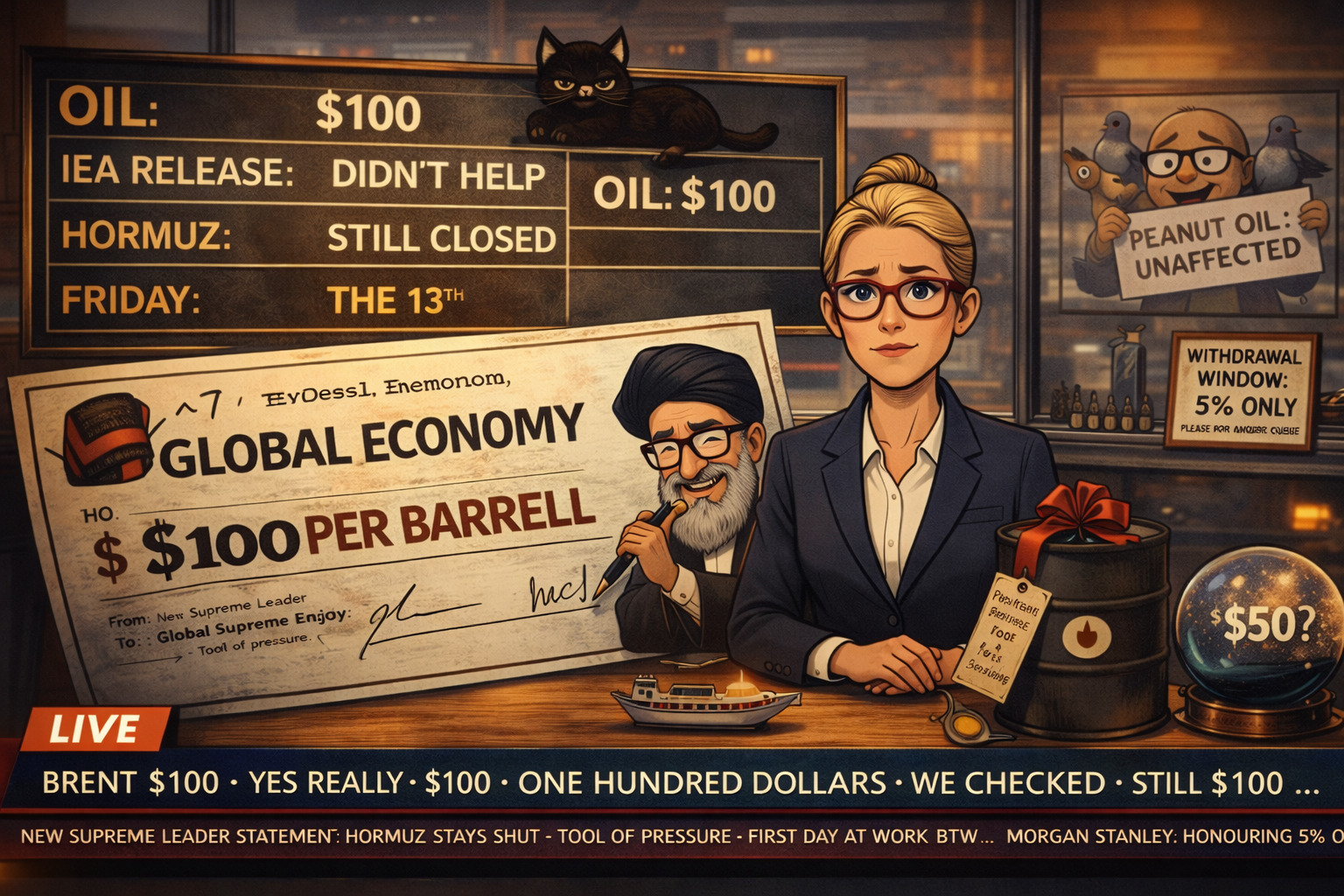 Hazel at a chaotic news desk holding together her composure while a giant $100/barrel novelty cheque leans against it, a gift-wrapped oil barrel from the new supreme leader sits beside her, a cracked crystal ball shows $150, a scoreboard behind her reads "OIL: $100 / HORMUZ: STILL CLOSED / FRIDAY: THE 13TH," Percy and two pigeons pressed against the studio glass, ticker running in a state of mild existential crisis.