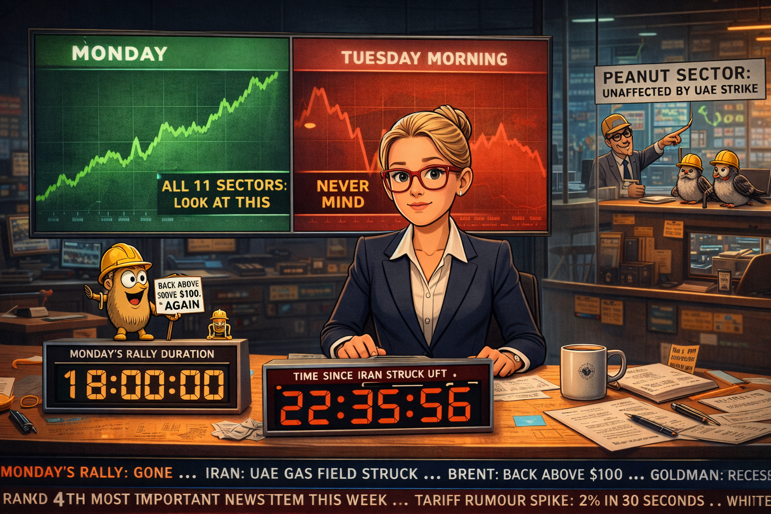 Hazel at chaotic news desk with two timers - Monday rally stopped at 18 hours and running UAE strike timer - small Brent crude figure in hard hat holding "Back Above $100 Again" sign, split screen of Monday green vs Tuesday red, tiny shortest-recovery trophy, Percy and two pigeons with matching hard hats at studio glass, news ticker in comprehensive existential crisis.