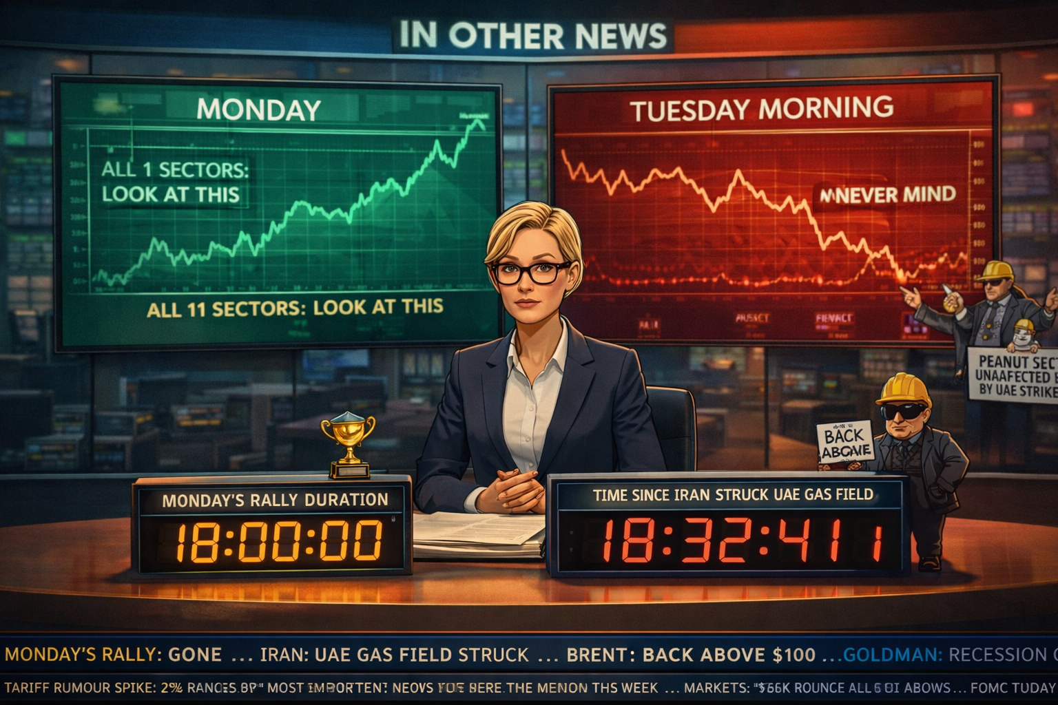 Hazel at chaotic news desk with two timers - Monday rally stopped at 18 hours and running UAE strike timer - small Brent crude figure in hard hat holding "Back Above $100 Again" sign, split screen of Monday green vs Tuesday red, tiny shortest-recovery trophy, Percy and two pigeons with matching hard hats at studio glass, news ticker in comprehensive existential crisis.