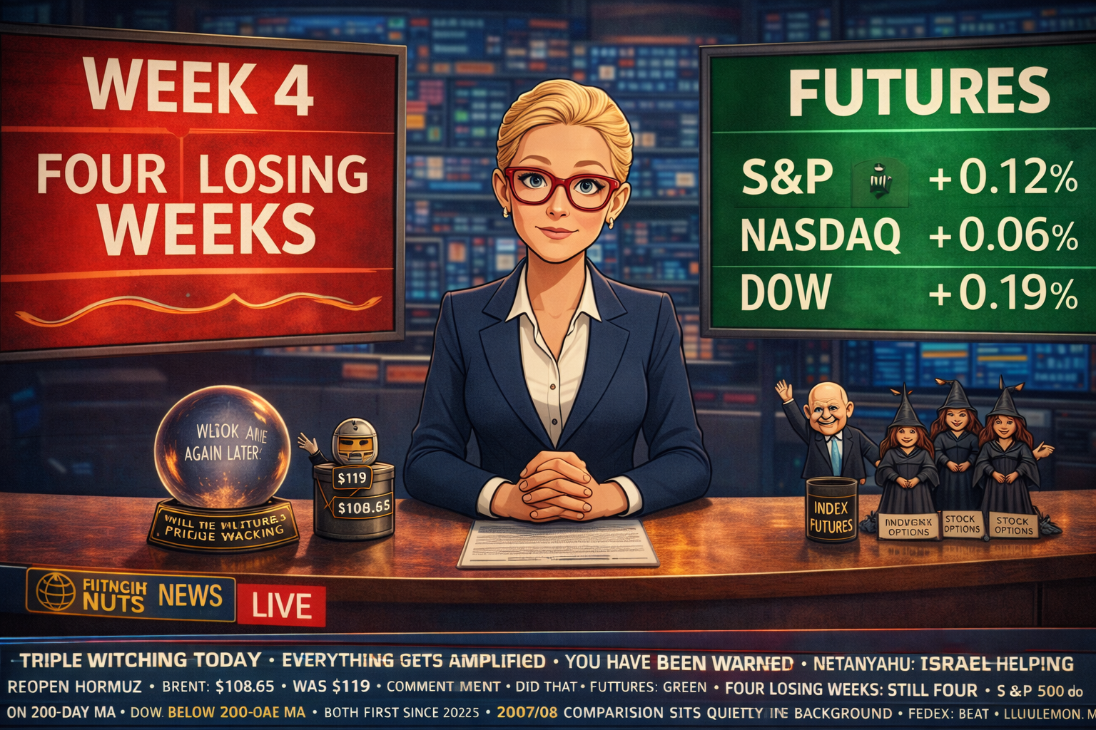 Hazel at chaotic news desk between four-week losing counter and green futures counter, crystal ball showing "Ask Again Later," Netanyahu figure next to triple-price-tagged Brent barrel, three tiny Triple Witching witch figures holding hands, Percy arguing through studio glass with third pigeon about peanut futures methodology, news ticker in resigned Triple Witching mode.