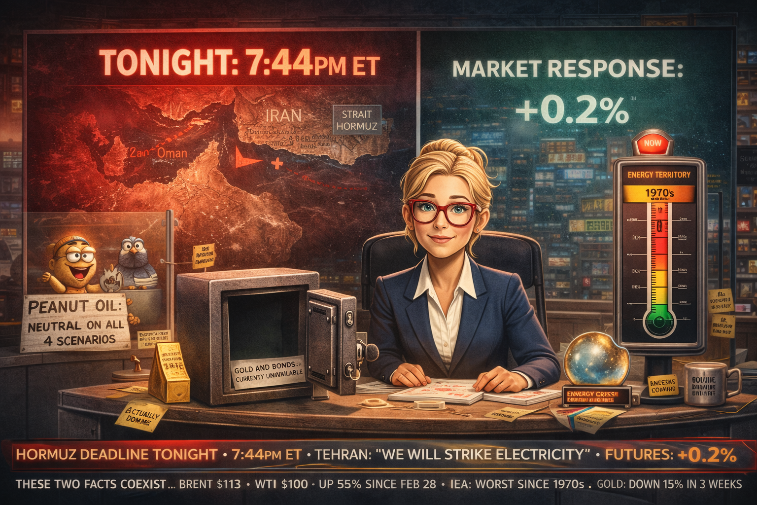 Hazel at chaotic news desk with split screen of Hormuz 7:44pm ET countdown vs market +0.2%, open empty safe labelled Safe Haven Assets with embarrassed gold bar down 15%, energy crisis thermometer at 1970s territory, Percy and pigeon both very confident about peanut oil neutrality, news ticker cataloguing the full Monday morning situation including black cat return.