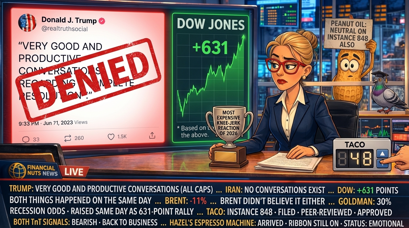Hazel at news desk with split screen of all-caps Truth Social post stamped DENIED and Dow +631 chart labelled "Based on the above," Most Expensive Knee-Jerk Reaction of 2026 trophy, TACO counter at 848, Percy's senior pigeon in academic cap at studio glass, news ticker cataloguing the full Monday situation including espresso machine emotional status.