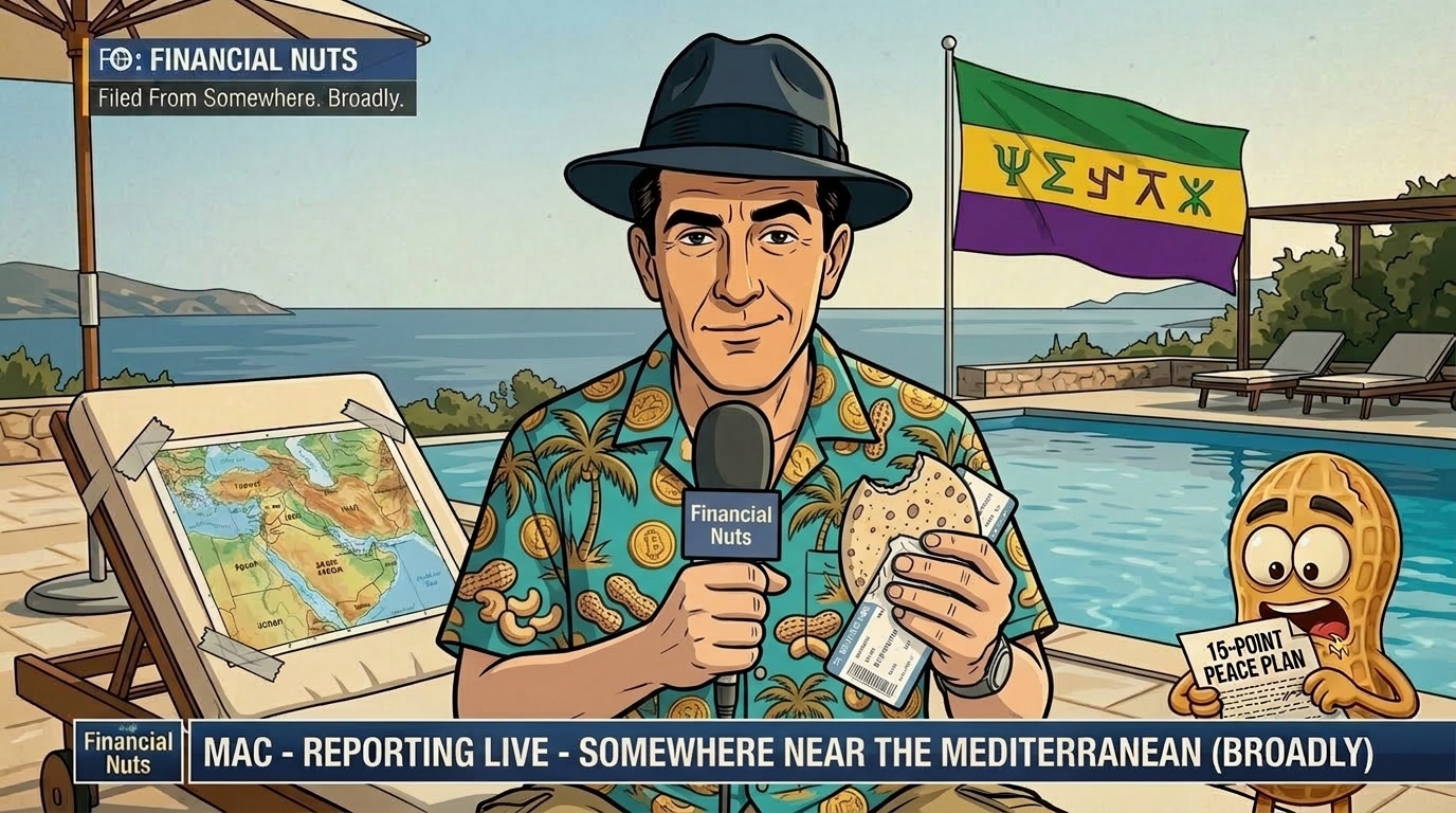 Mac reporting live from hotel terrace with pool, unrecognisable flag, Middle East map on sun lounger, holding microphone, flatbread, and wrong boarding pass, Percy Peanut attempting to eat peace plan document in corner of frame, lower-third reading "Somewhere Near the Mediterranean (Broadly)."