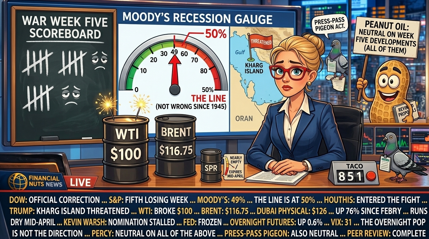 Hazel at news desk with three-panel split screen showing war week five tally, Moody's gauge at 49% approaching the 50% red line labelled Not Wrong Since 1945, and Kharg Island map with Threatened flag, WTI sparkler barrel at $100, Brent at $116.75, nearly-empty SPR prop, TACO counter at 851 untouched, week-five news ticker in existential mode, Percy and press-pass pigeon with notepad at studio glass maintaining neutrality on all developments.