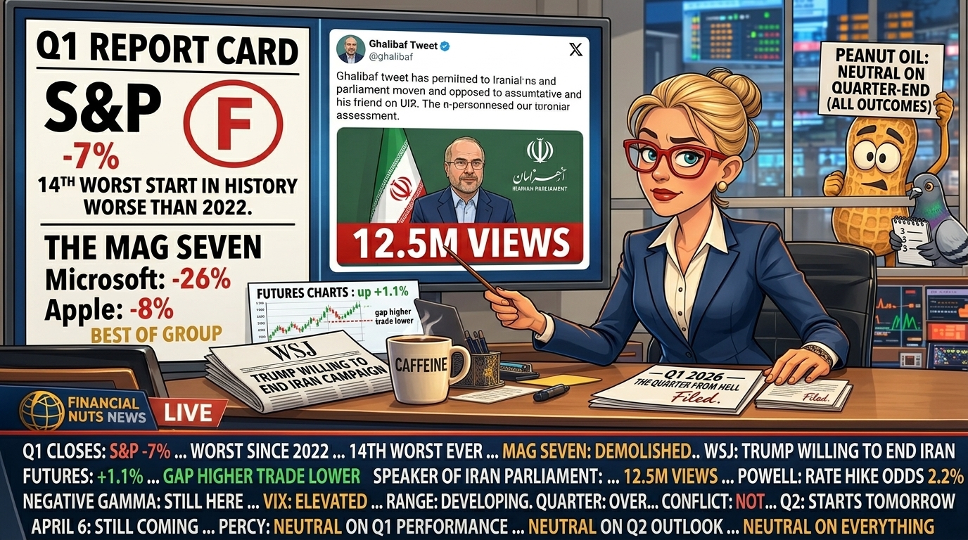 Hazel at news desk with split screen showing Q1 report card graded F with -7% and Mag Seven in red including Microsoft -26% and Apple -8% Best of Group in ironic gold, and Ghalibaf tweet blown up with 12.5M views as breaking news, WSJ Trump willing to end Iran paper with gap higher trade lower dotted line behind it, Q1 Quarter From Hell quarterly report signed Filed, quarter-end news ticker comprehensively cataloguing everything, Percy and press-pass pigeon with three-entry notepad maintaining neutrality on all outcomes.