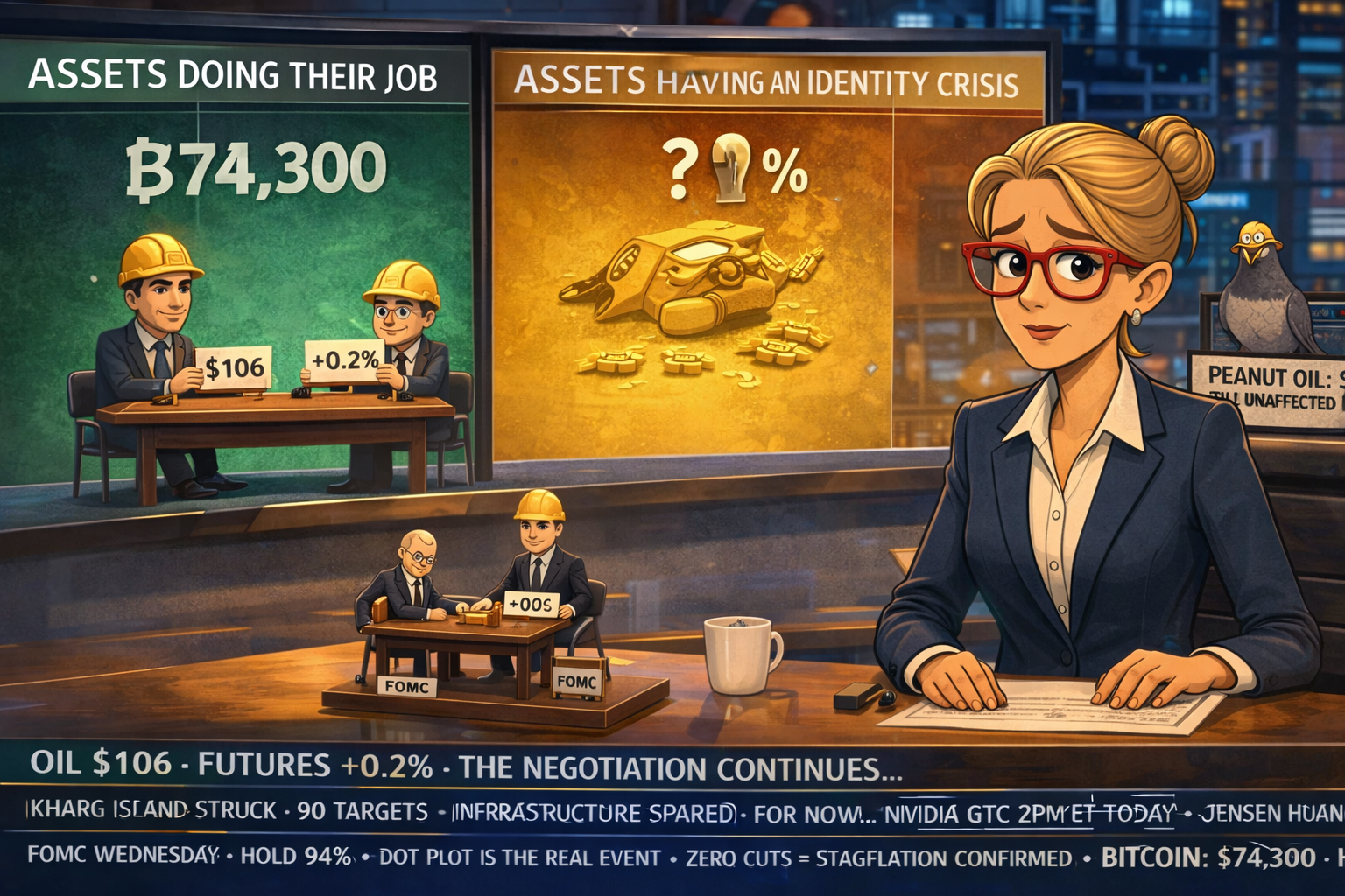 Hazel at chaotic news desk with tiny toy negotiating table between Oil Market and Index Futures figures, FOMC mediator with gavel waiting for Wednesday, split screen of Bitcoin succeeding vs Gold having identity crisis, Percy at studio glass with pigeon in tiny hard hat and "Peanut Oil Still Unaffected" sign, news ticker in mild existential crisis.