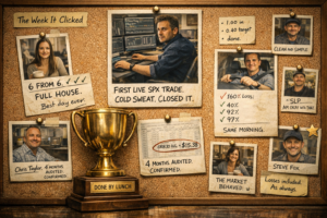 Vintage cork board Wall of Wins - Mark Steffens' cold sweat first trade centre-top, Irina's 6-from-6 tally, Andy D.'s loss-then-3-wins same morning, Chris Taylor's AI-audited ORB30 result, Steve Fox's first appearance star - brass Done By Lunch trophy in foreground.