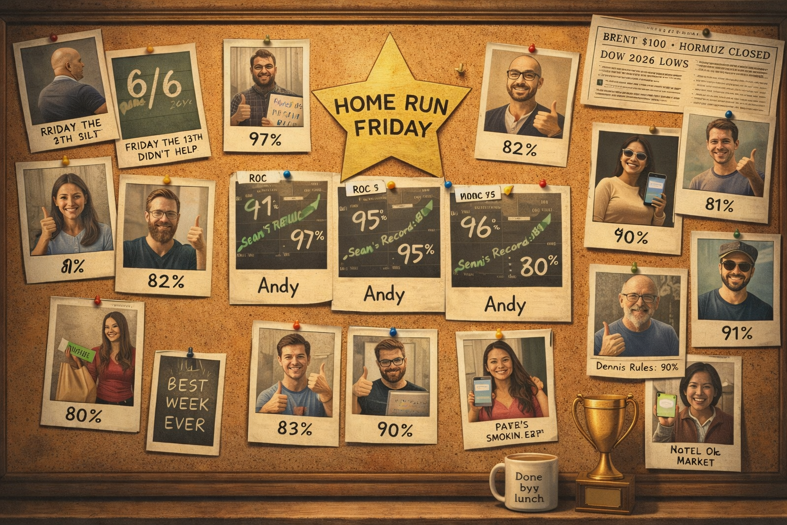 Vintage cork board covered in Polaroid trader portraits, gold home run star with 97/95/96/80% ROC figures, 6/6 chalkboard Polaroid, lady trader with shopping bags and green winner notification, Best Week Ever Polaroid, newspaper clipping showing Brent $100 and 2026 lows pinned to background, trophy and "Done by lunch" mug below.