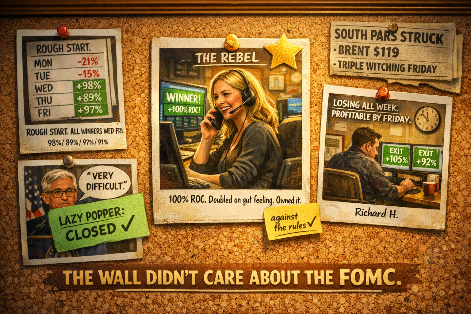 Vintage cork board with Polaroid portraits - centre rebel 100% ROC gut-feel double, left Andy D. rough start to all-winners week, right Richard H. losing week profitable by Friday, bottom Powell "Very Difficult" speech bubble covered by green Lazy Popper confirmation, newspaper clipping of South Pars and Triple Witching in background behind the Polaroids.