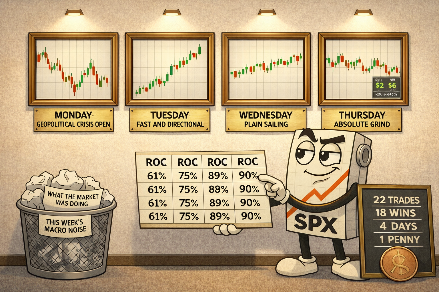 Mr SPX holds a scorecard of identical ROC numbers across four framed daily charts showing completely different market conditions - crisis open, fast day, clean sweep, grind - pointing at the similarity with a knowing expression, penny drawn oversized on a chalkboard beside him.