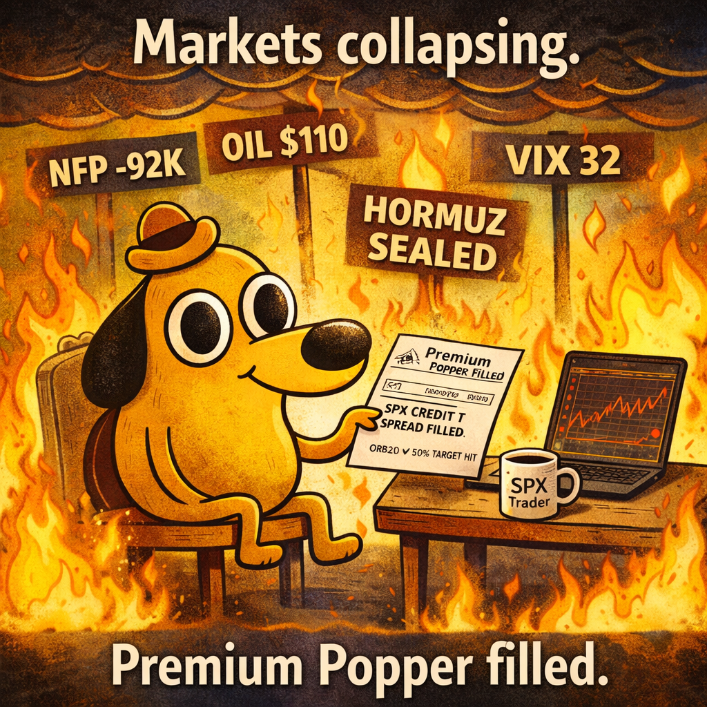 Flexible style. Suggested: "This is fine" dog in burning room. Four labelled flames: "NFP -92K," "OIL $110," "VIX 32," "HORMUZ SEALED." Dog holding a Premium Popper trade confirmation.