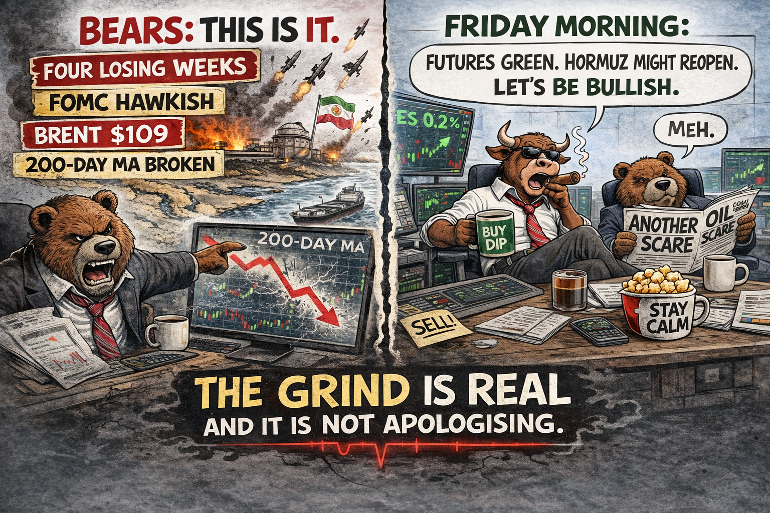 Two-panel. Panel 1: "Bears: this is it. The correction is here. Four losing weeks. FOMC hawkish. Brent $109. 200-day MA broken." Panel 2: "Market on Friday morning: futures green, Netanyahu said Hormuz might reopen, let's be bullish." Caption: "The grind is real and it is not apologising."