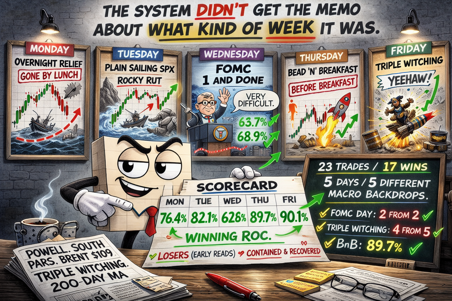 Mr SPX holds a scorecard showing consistent 62.9-90.1% ROC across five framed daily charts representing Monday relief rally, Tuesday SPX clean/RUT rocky, Wednesday FOMC 1-and-done, Thursday BnB before breakfast, Friday Triple Witching yeehaw - tiny Powell figure in Wednesday frame saying "Very Difficult" with green ROC numbers politely disagreeing.
