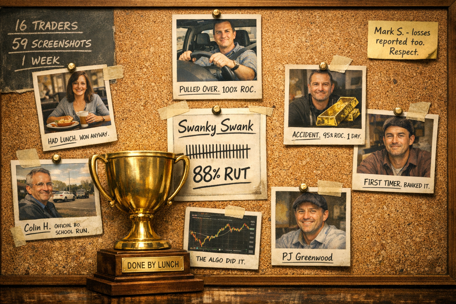 Vintage cork board Wall of Wins covered in Polaroid trader portraits - Andy D. at the wheel, Mary at lunch, Duncan with Gold BWB, Swanky Swank's 88% tally, Colin in the school car park - brass "Done By Lunch" trophy in foreground.