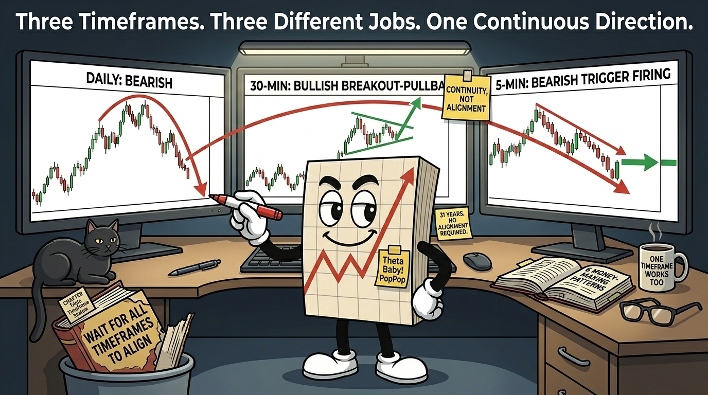 Mr SPX at desk with three monitors showing conflicting timeframes - daily bearish, 30-min bullish pullback, 5-min bearish trigger - drawing one continuous line connecting them, sticky note reads continuity not alignment, discarded alignment book in bin with black cat sat on top.