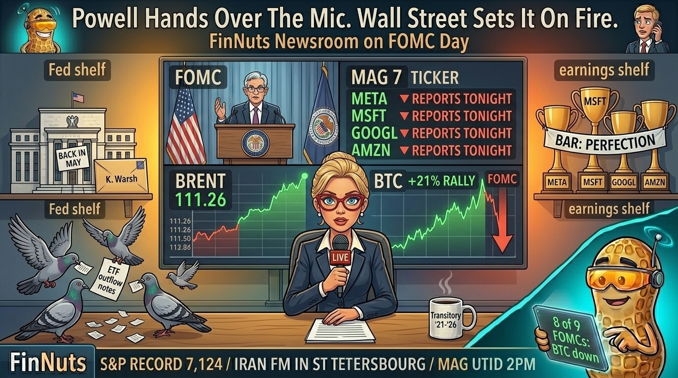 Hazel anchors at the FinNuts desk on FOMC day with Mag 7 podiums, oil ladders, and Percy NutBot in the corner.